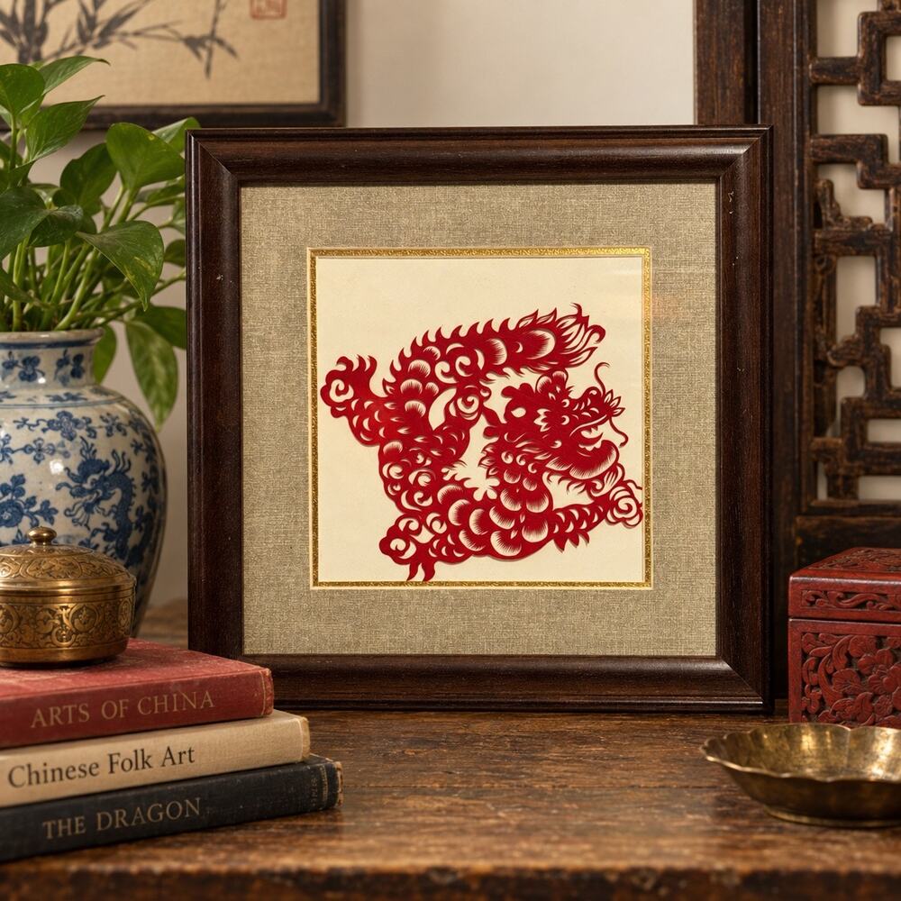 Chinese Red Paper Cut Dragon Framed Art Jianzhi Folk Art 10 Inch Square